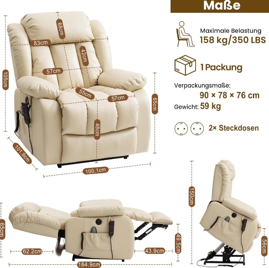 Elektrischer Relaxsessel mit 2 Motoren, Aufstehhilfe, Massage & Heizung, 180° Liegefunktion