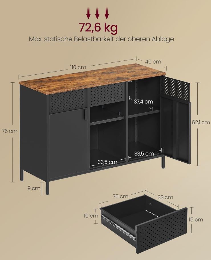 Aufbewahrungsschrank Metallschrank mit verstellbaren Einlegeböden, Mattschwarz-Rustikales Braun