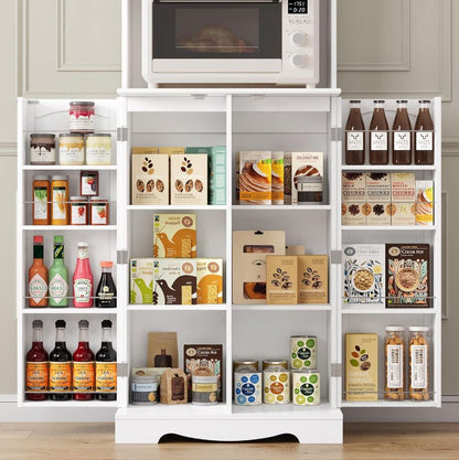 Küchenschrank 181 cm mit Mikrowellenregal, 4 Türen, 8 Türablagen, Weiß