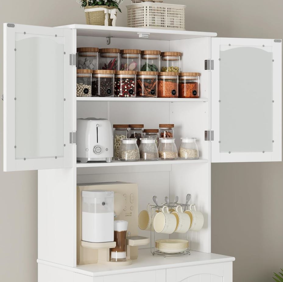 Küchenschrank 181 cm mit Mikrowellenregal, 4 Türen, 8 Türablagen, Weiß