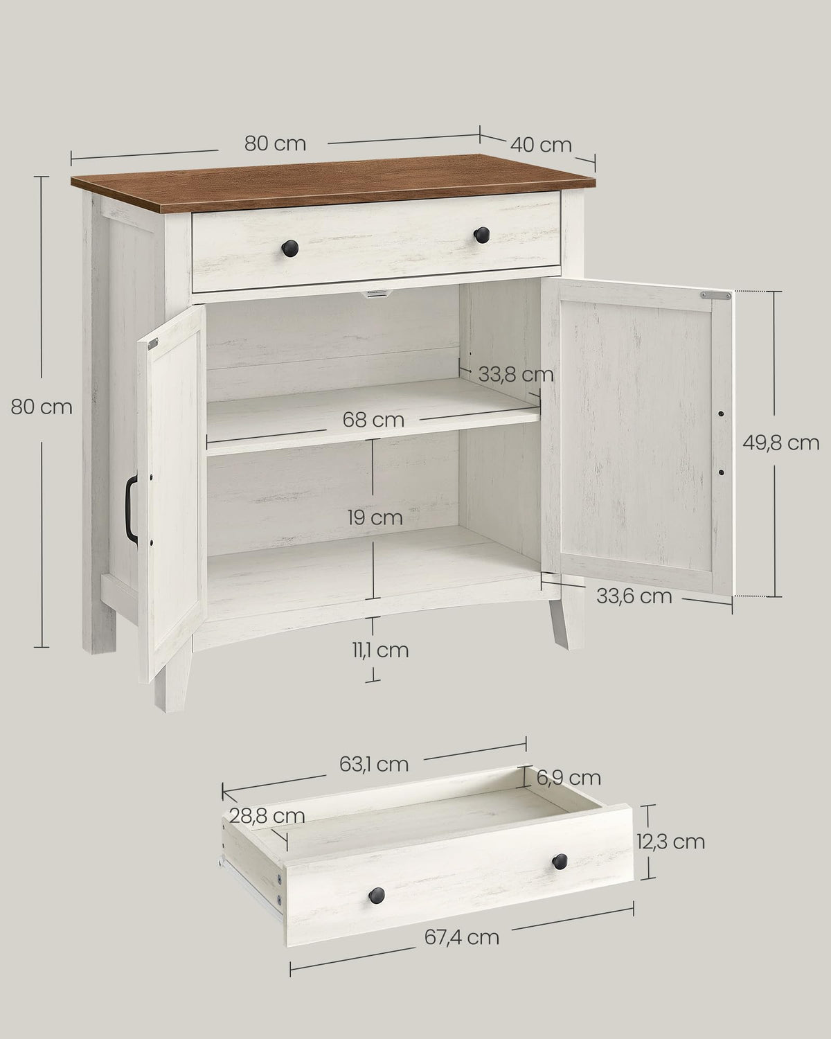Küchenschrank mit Schublade und Türen, Sideboard, Landhausstil, rustikales Weiß-Honigbraun