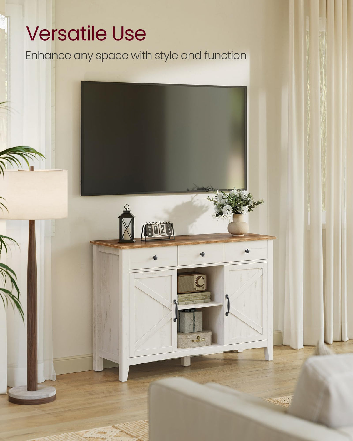 Küchenschrank mit Schublade und Türen, Sideboard, Landhausstil, rustikales Weiß-Honigbraun