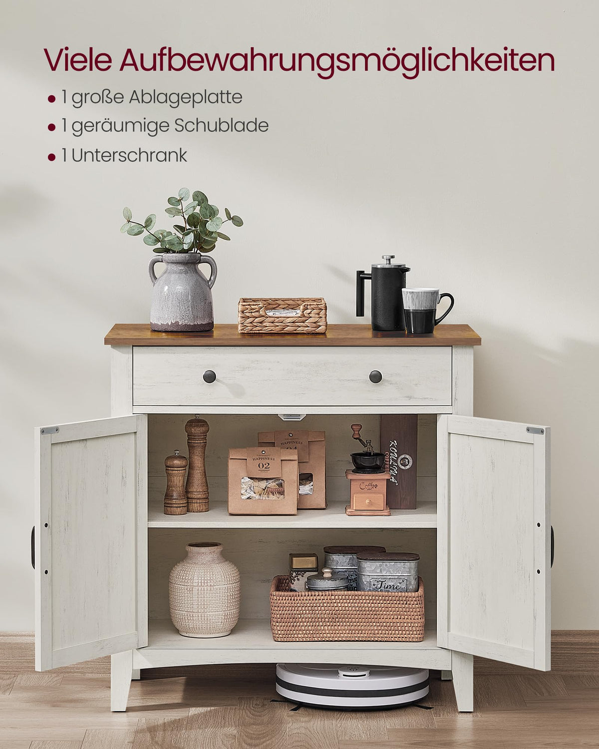 Küchenschrank mit Schublade und Türen, Sideboard, Landhausstil, rustikales Weiß-Honigbraun