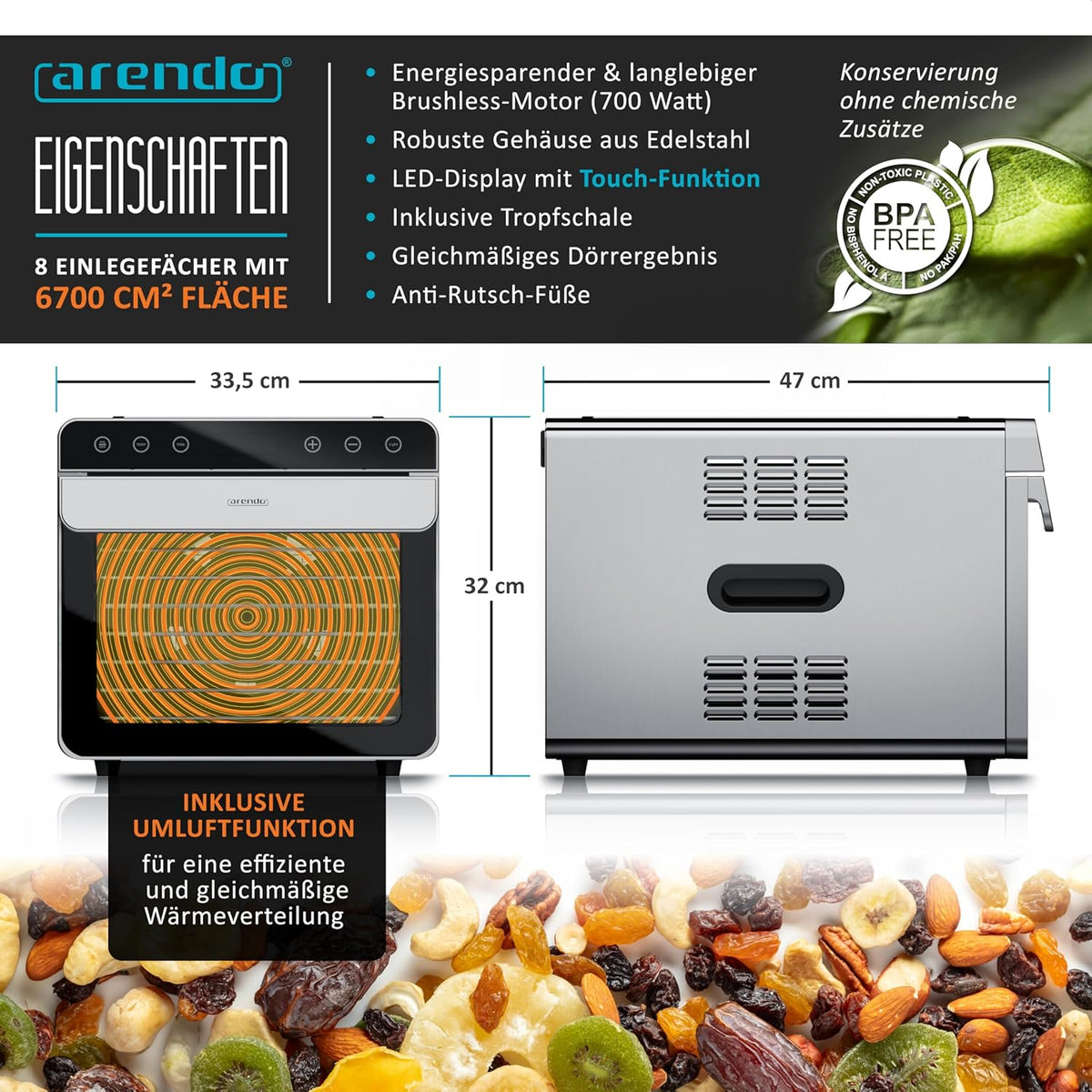 Arendo Dörrautomat Edelstahl – 8 Fächer, 700W, 35–85°C, BPA-frei
