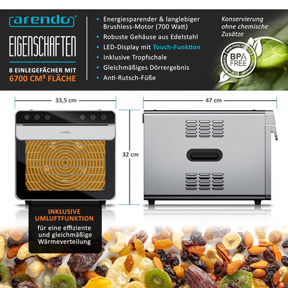Arendo Dörrautomat Edelstahl – 8 Fächer, 700W, 35–85°C, BPA-frei