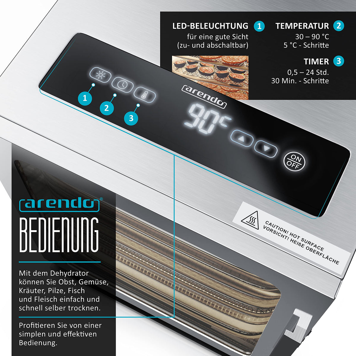 Arendo Dörrautomat Edelstahl 8-fach – 500W, 30–90°C, GS-geprüft