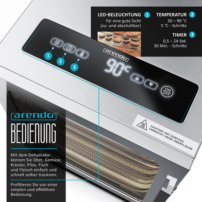Arendo Dörrautomat Edelstahl 8-fach – 500W, 30–90°C, GS-geprüft