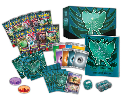 Pokémon-Sammelkartenspiel: Top-Trainer-Box Karmesin & Purpur – Maskerade im Zwielicht (1 Vollbild-Promokarte mit Türkisgrüne-Maske-Ogerpon, 9 Boosterpacks & Premium-Zubehör)