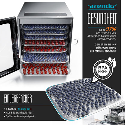 Arendo Dörrautomat Edelstahl 8-fach – 500W, 30–90°C, GS-geprüft