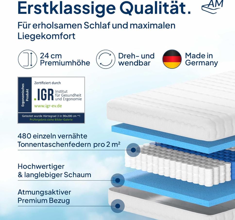 Taschenfederkernmatratze 90x200cm H3 24cm Premium, Made in Germany