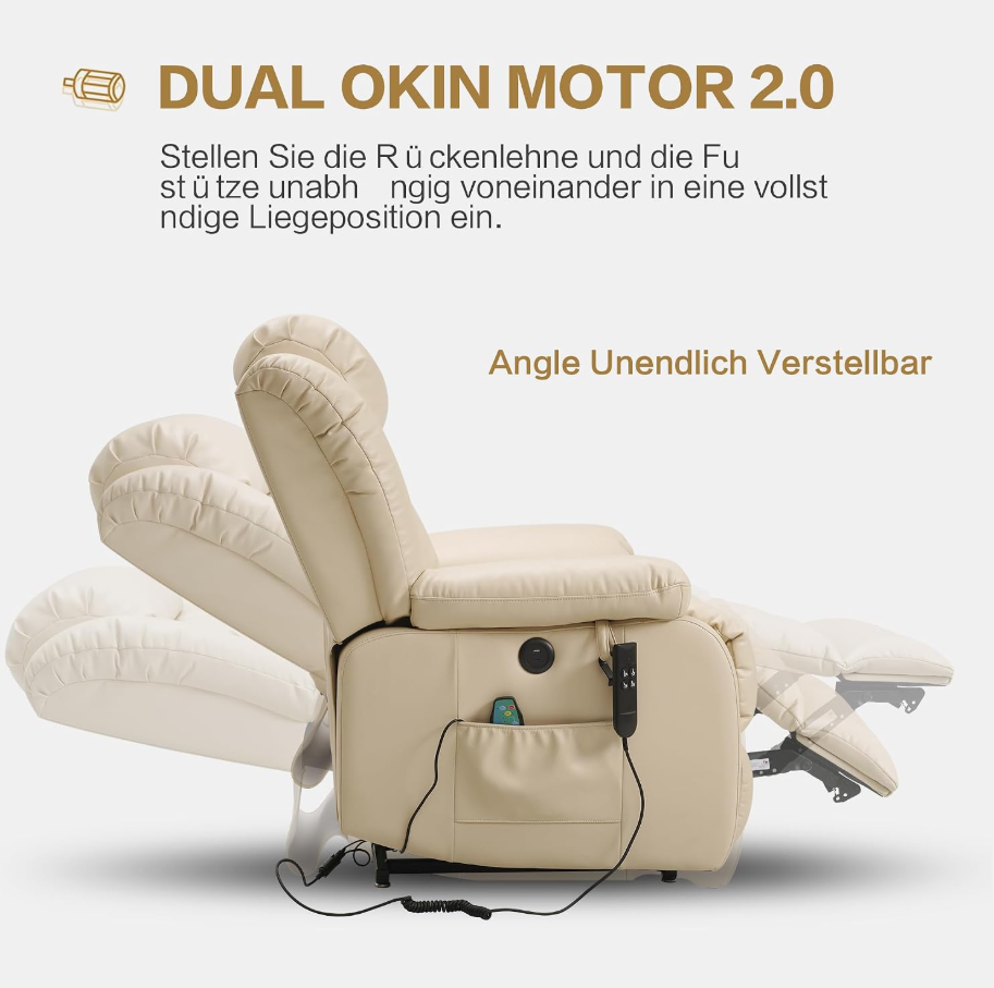 Elektrischer Relaxsessel mit 2 Motoren, Aufstehhilfe, Massage & Heizung, 180° Liegefunktion