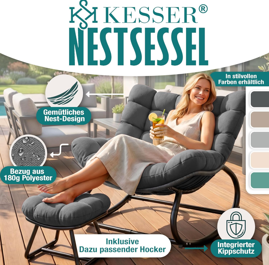 Ergonomischer Schaukelstuhl XXL mit Hocker & Sitzpolster, In- & Outdoor, bis 150 kg
