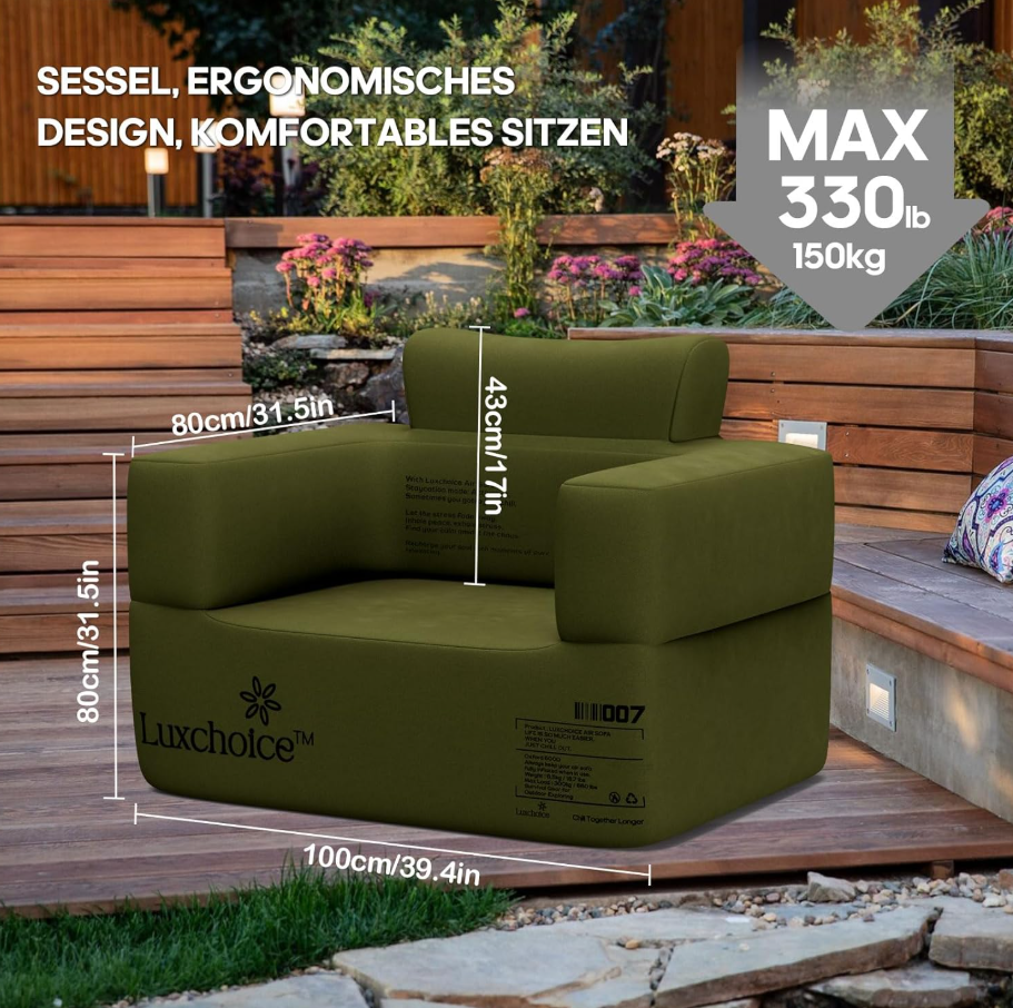 Aufblasbares Camping Sessel mit USB-Pumpe, 150 kg Traglast, Tragbar