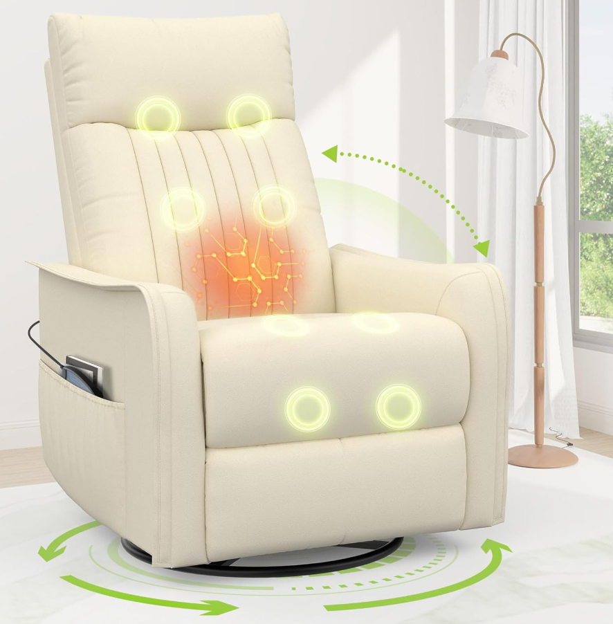 Massagesessel mit Liegefunktion, Wärme & 360° Drehfunktion, Relaxsessel mit Kopfstütze & 2 Seitentaschen