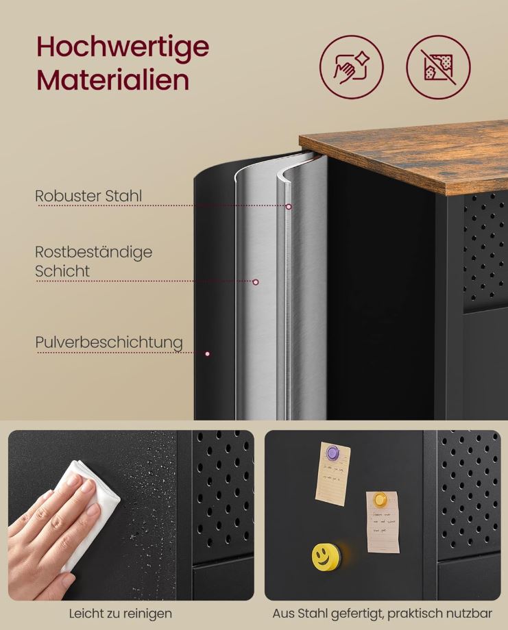 Aufbewahrungsschrank Metallschrank mit verstellbaren Einlegeböden, Mattschwarz-Rustikales Braun