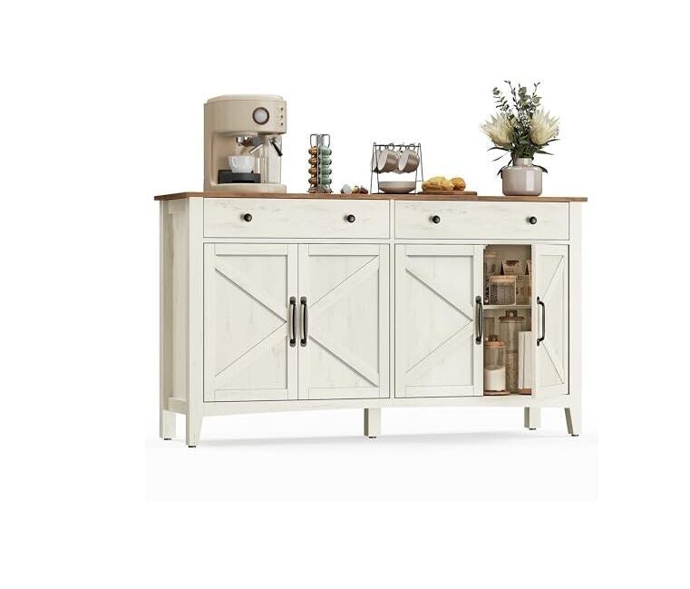 Küchenschrank mit 4 Türen, Sideboard, Landhausstil, Rustikales Weiß-Honigbraun