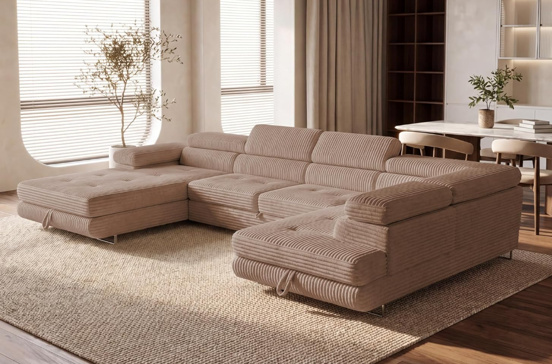 XXL Wohnlandschaft U-Form mit Schlaffunktion & 2 Bettkästen, Breitcord Bezug, Rechts