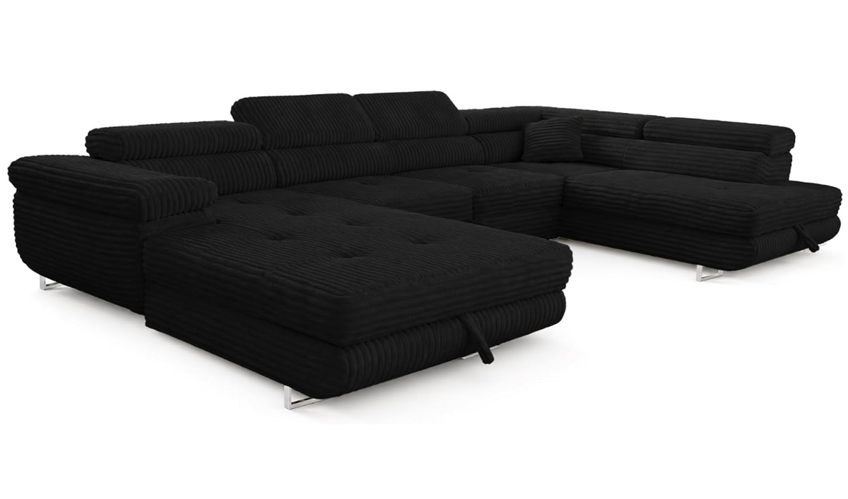 XXL Wohnlandschaft U-Form mit Schlaffunktion & 2 Bettkästen, Breitcord Bezug, Rechts