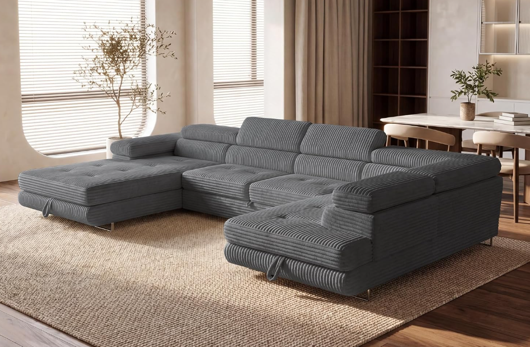 XXL Wohnlandschaft U-Form mit Schlaffunktion & 2 Bettkästen, Breitcord Bezug, Rechts