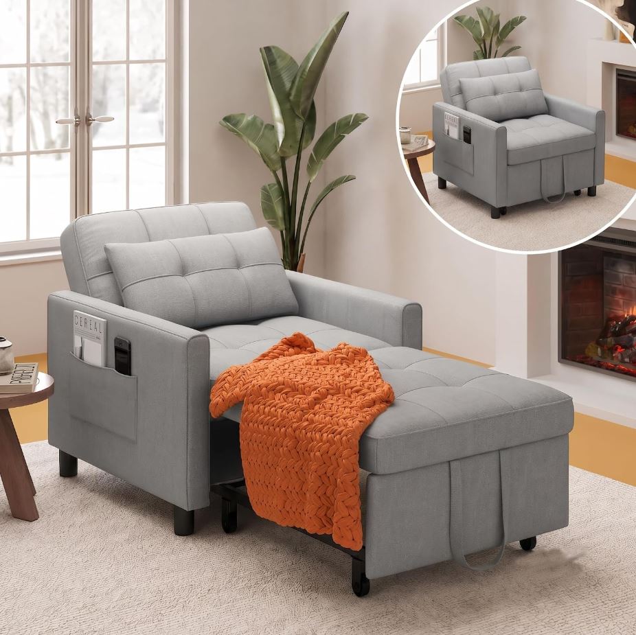 Schlafsessel mit Bettfunktion, Schlafsofa 3-in-1 ausziehbar, Hellgrau